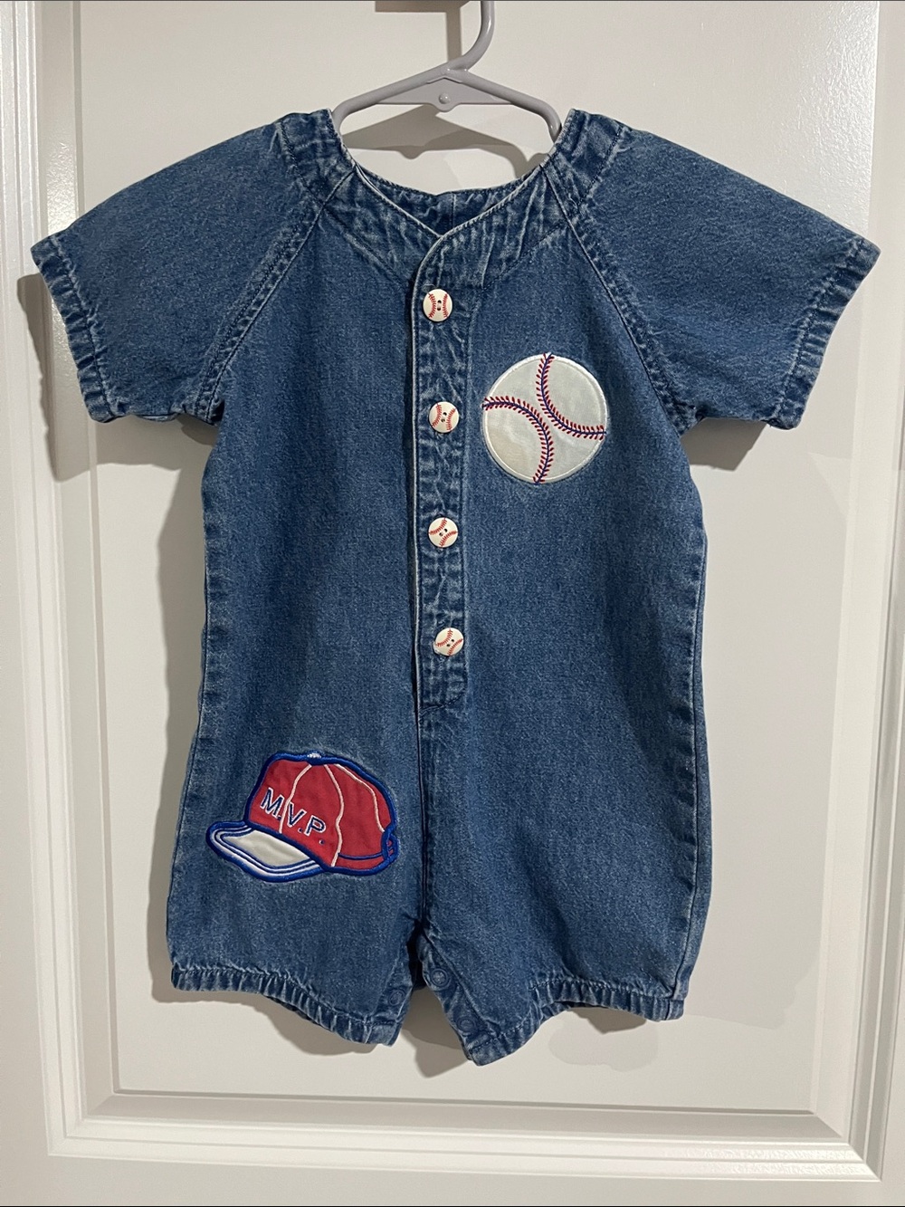 Class Club Blue Denim Baby Romper with Baseball Patch